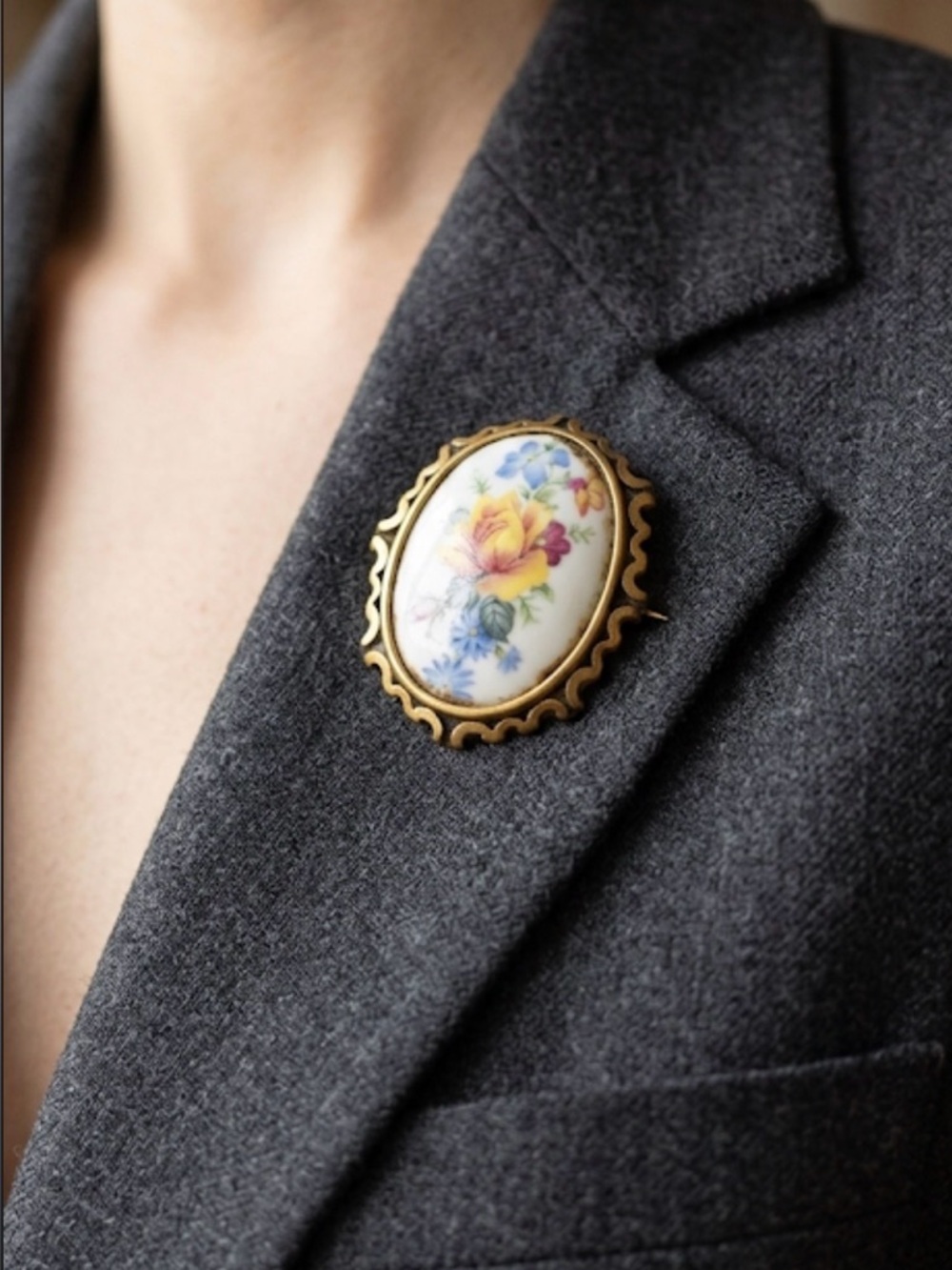 Vintage Limoges Floral Porcelain Brooch with Gold Trim